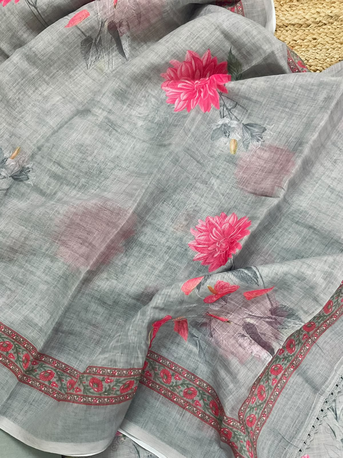Soft Linen Jute Cotton Printed Embroidered Suit - Grey