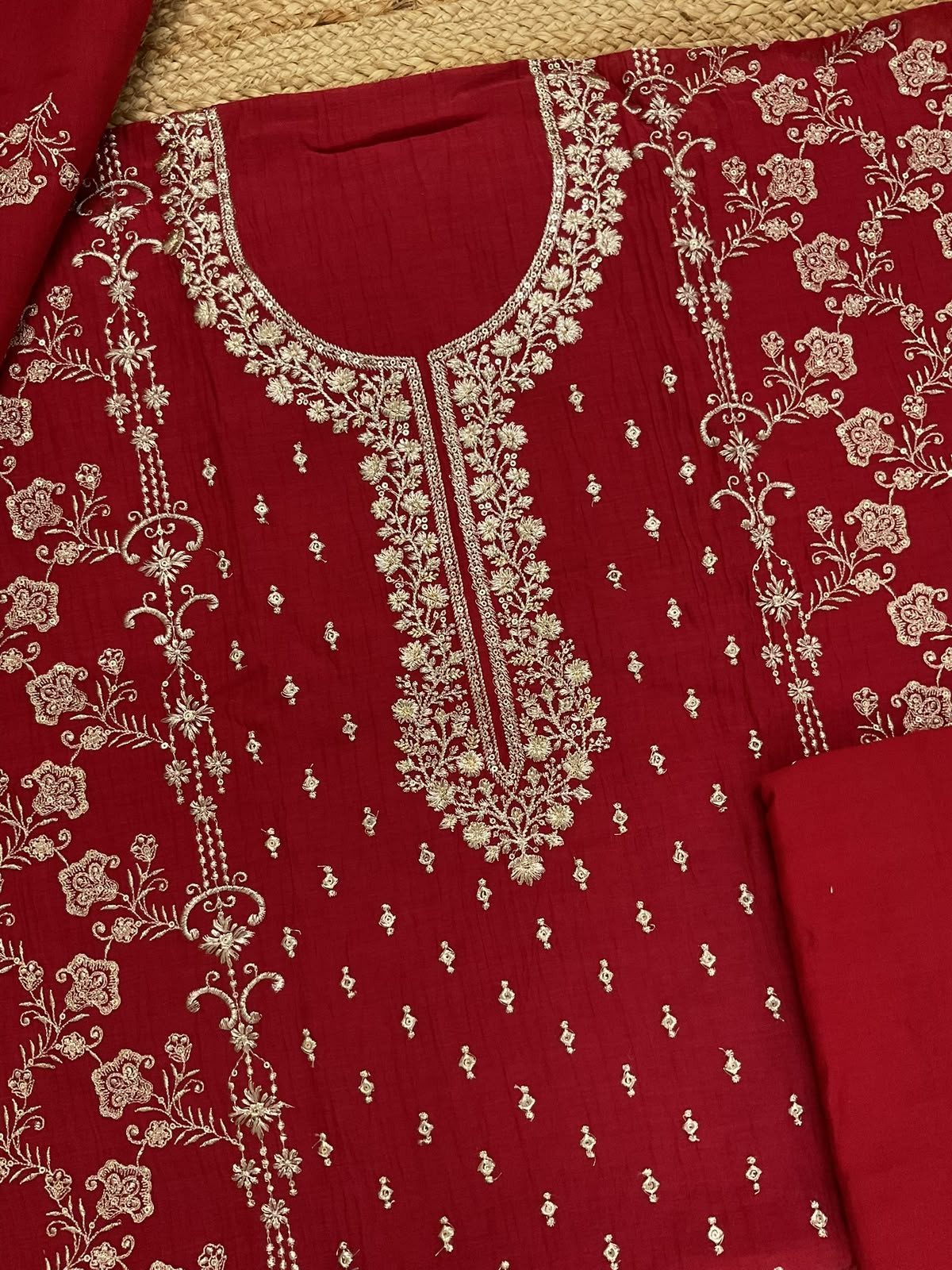 Pure Mul Chanderi Embroidered Suit - Dark Red