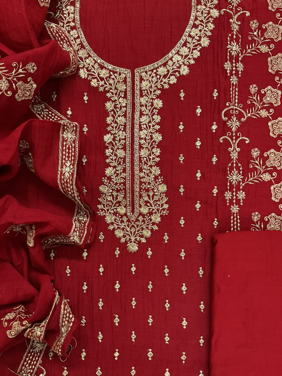 Pure Mul Chanderi Embroidered Suit - Dark Red