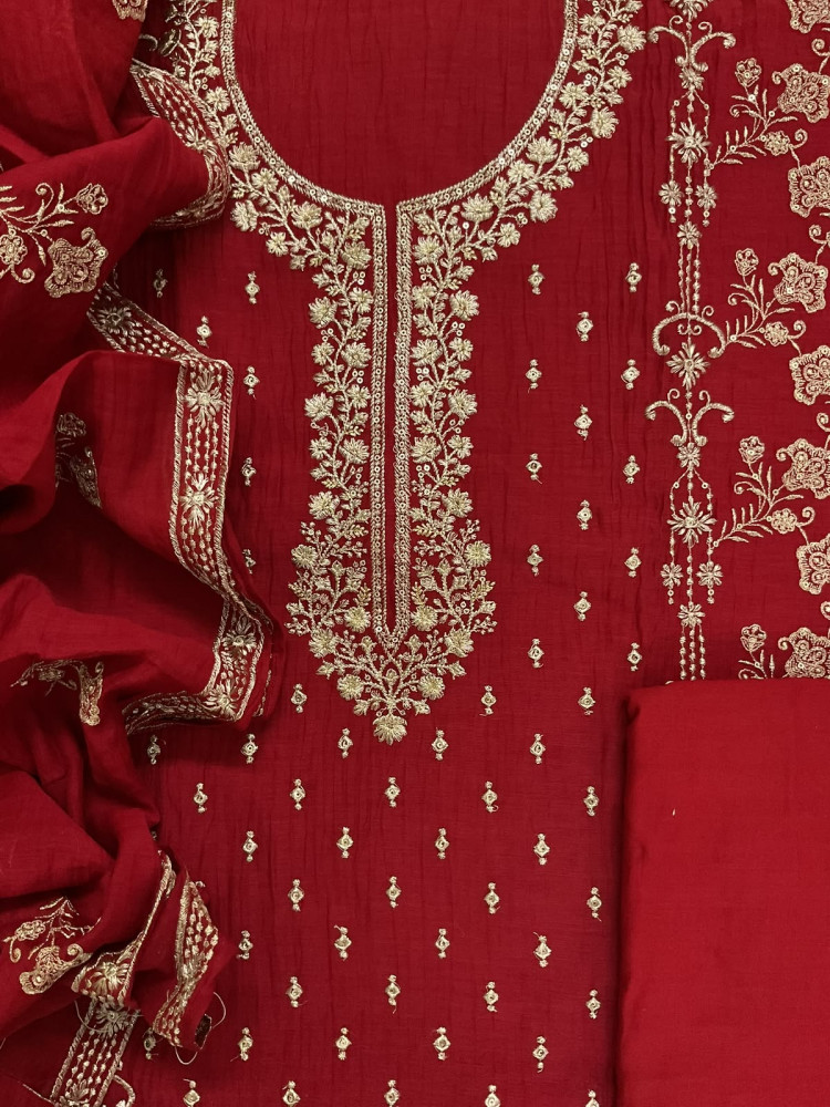 Image of Pure Mul Chanderi Embroidered Suit - Dark Red