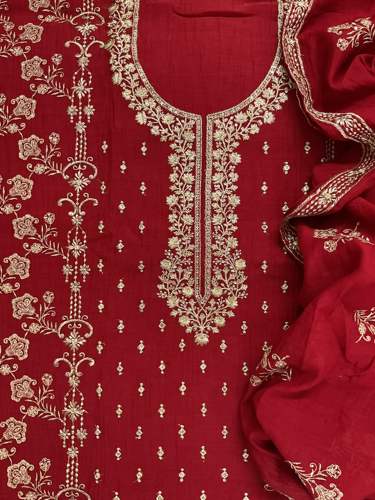 Pure Mul Chanderi Embroidered Suit - Dark Red