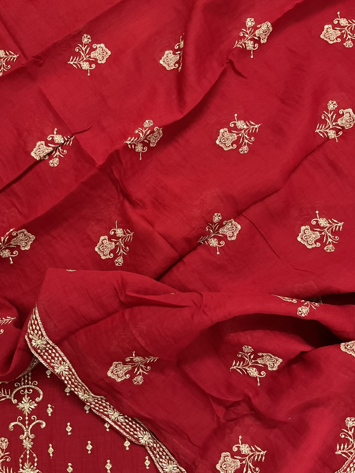 Pure Mul Chanderi Embroidered Suit - Dark Red