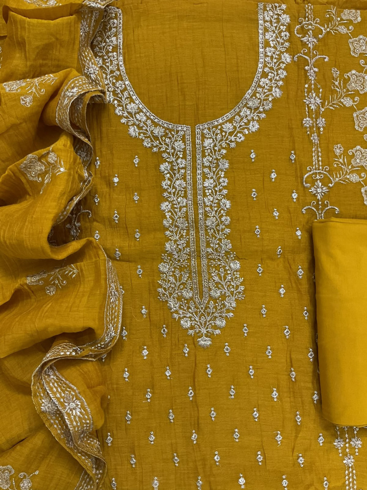 Image of Pure Mul Chanderi Embroidered Suit - Yellow