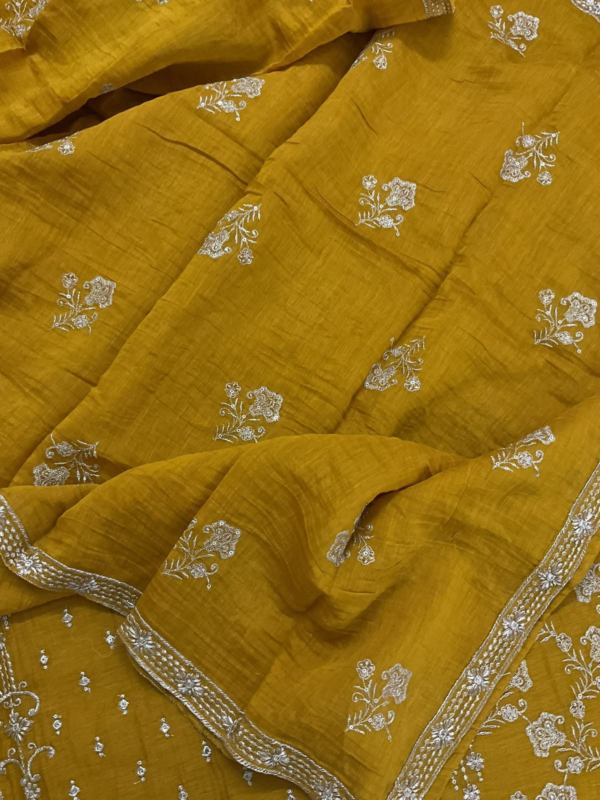 Pure Mul Chanderi Embroidered Suit - Yellow