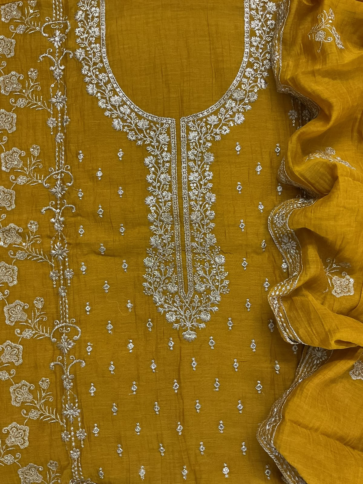 Pure Mul Chanderi Embroidered Suit - Yellow