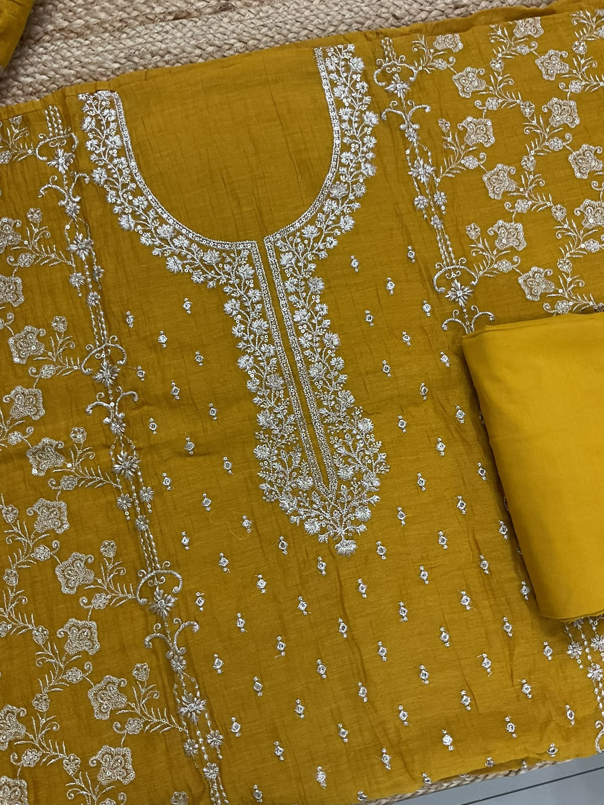 Pure Mul Chanderi Embroidered Suit - Yellow