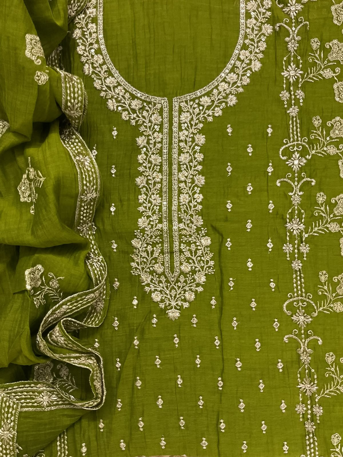 Pure Mul Chanderi Embroidered Suit - Green