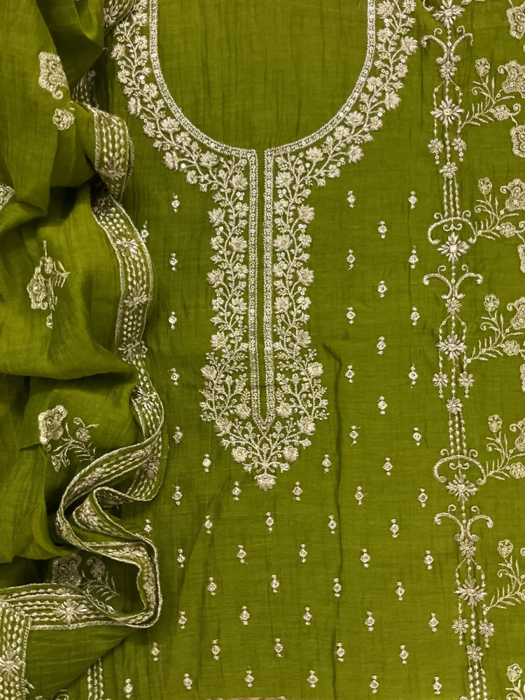 Image of Pure Mul Chanderi Embroidered Suit - Green
