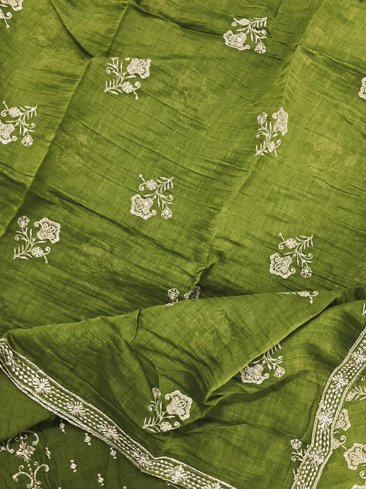 Pure Mul Chanderi Embroidered Suit - Green