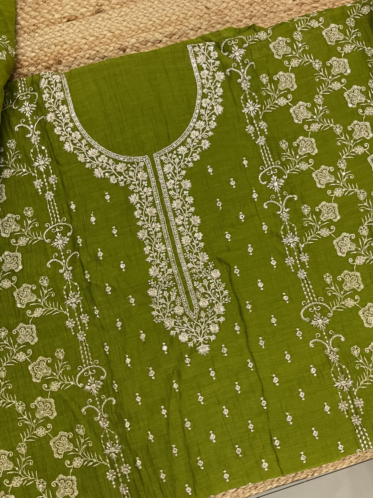 Pure Mul Chanderi Embroidered Suit - Green