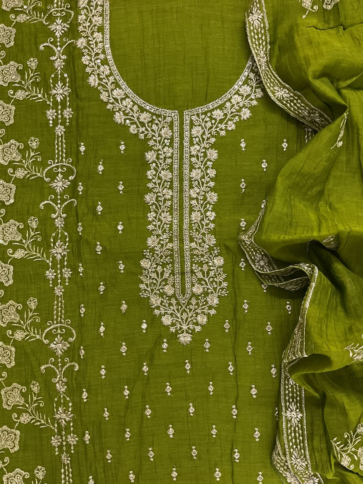 Pure Mul Chanderi Embroidered Suit - Green