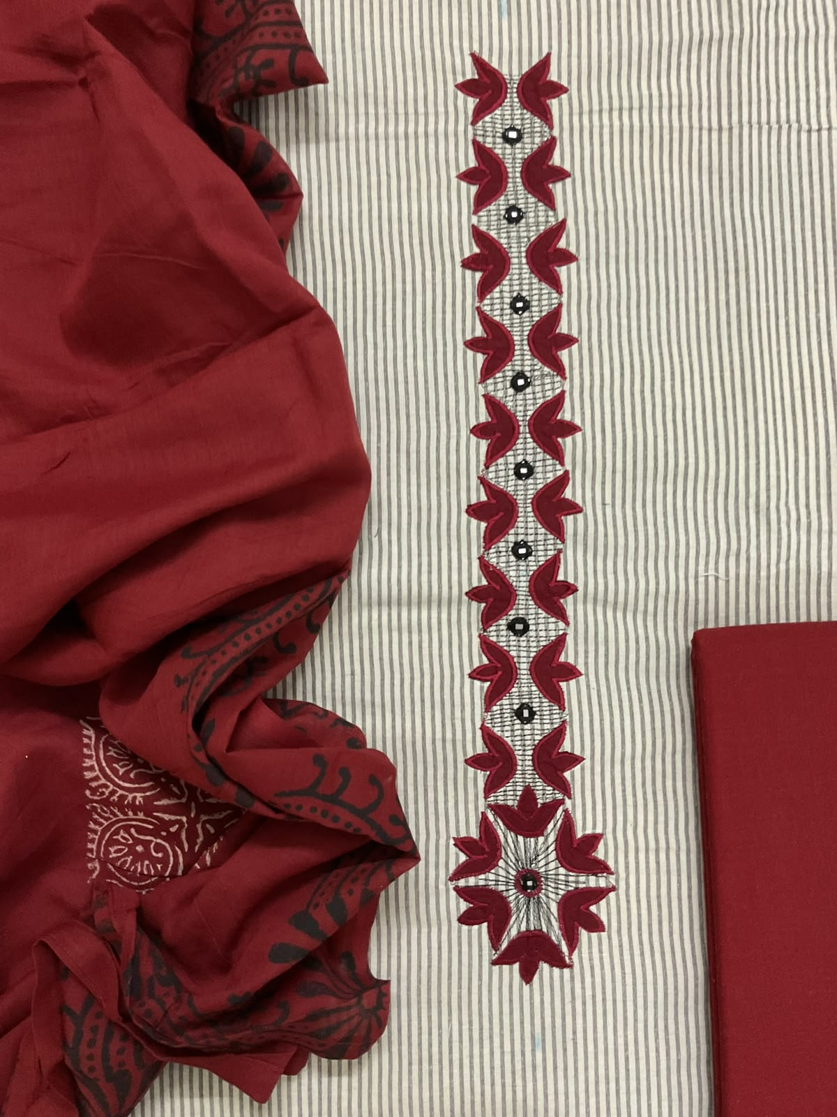 Pure Cotton Self Weaved Printed Embroidered Suit - Cream