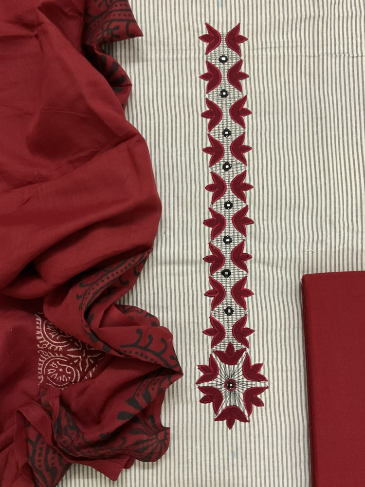 Image of Pure Cotton Self Weaved Printed Embroidered Suit - Cream