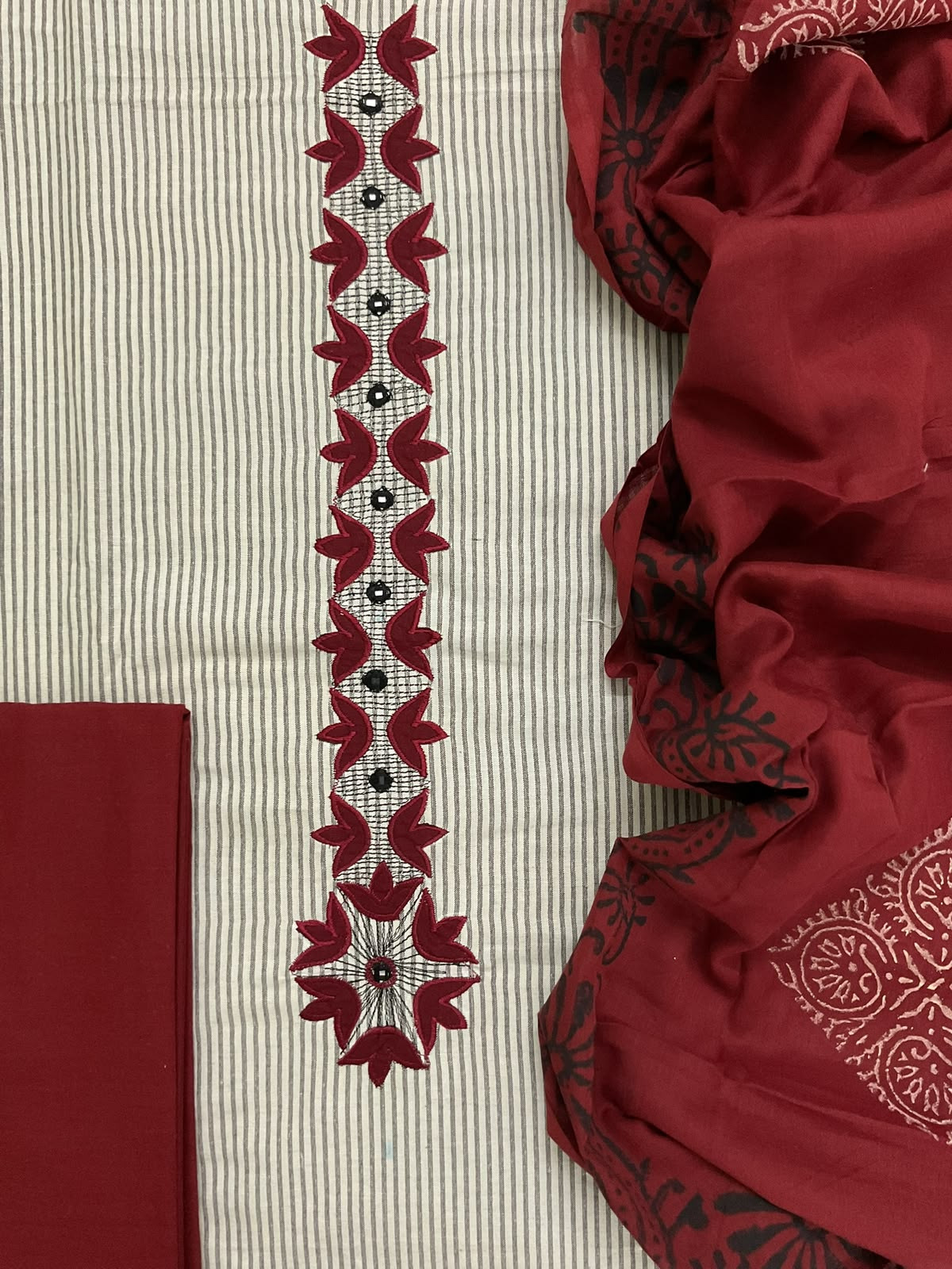 Pure Cotton Self Weaved Printed Embroidered Suit - Cream