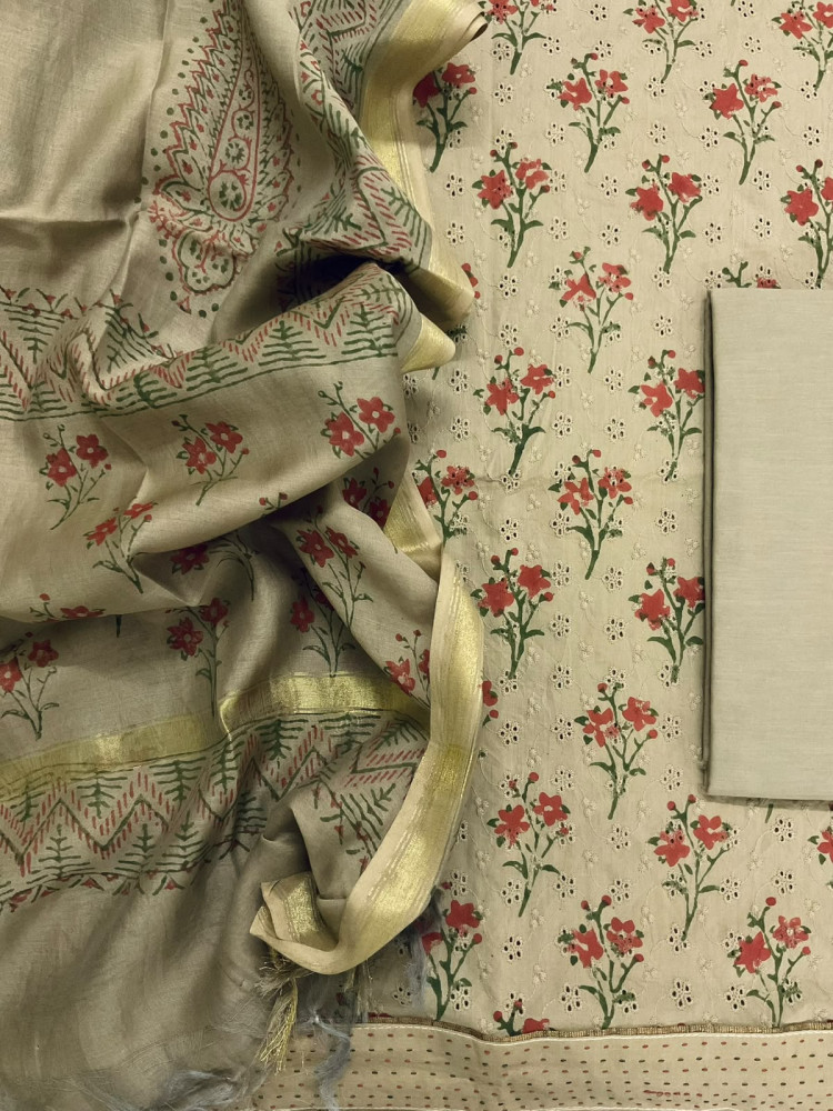 Image of Pure Hakoba Cotton Printed Embroidered Suit - Beige