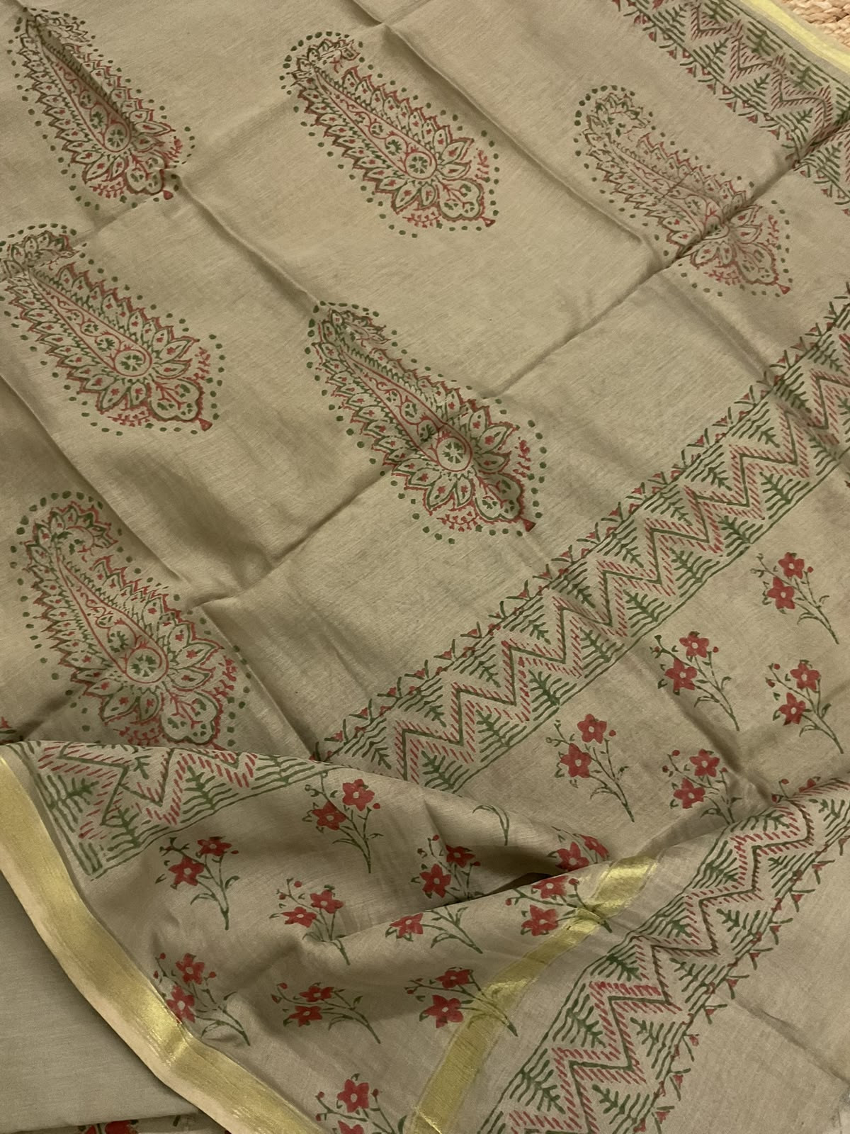Pure Hakoba Cotton Printed Embroidered Suit - Beige