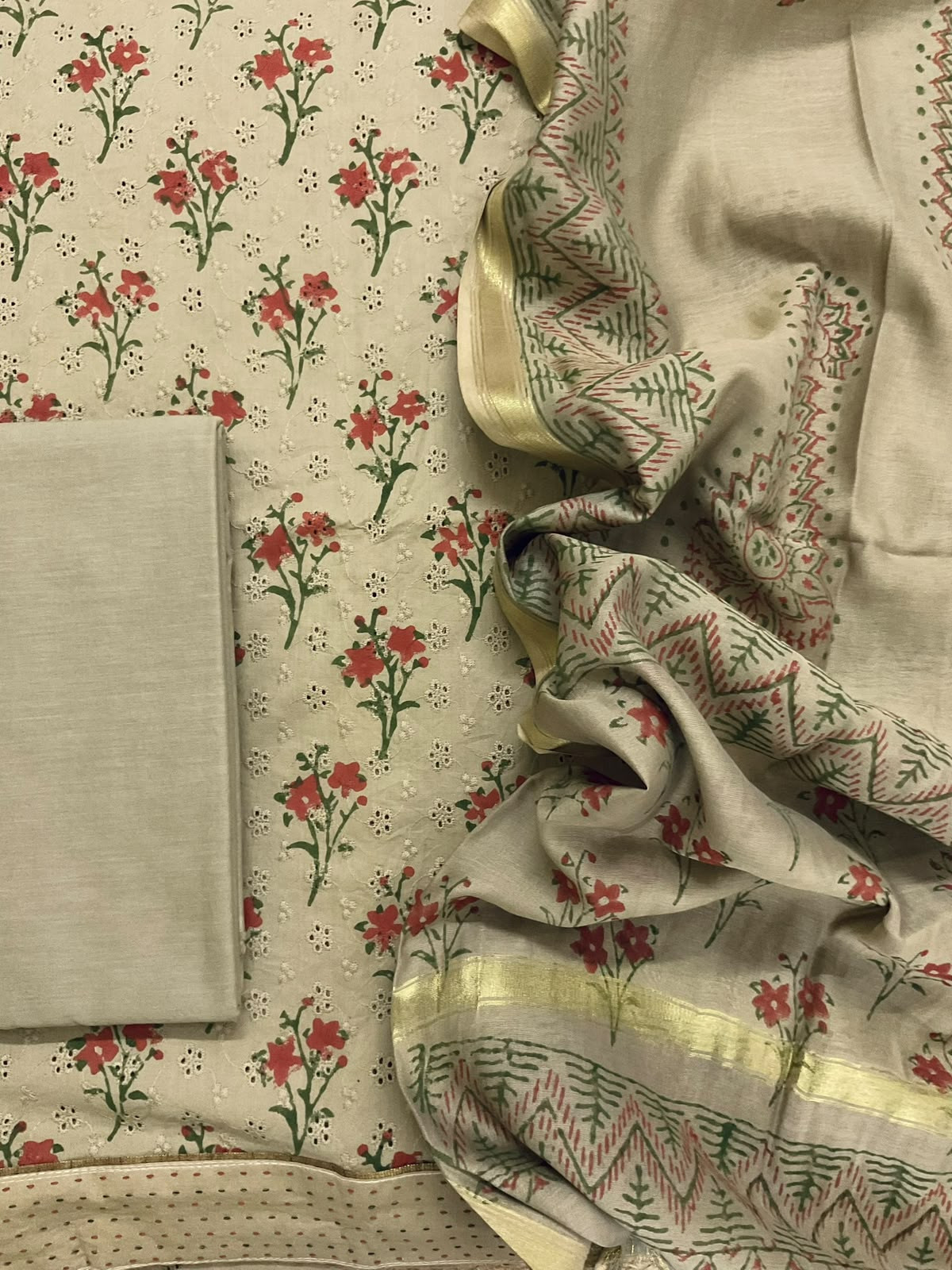 Pure Hakoba Cotton Printed Embroidered Suit - Beige