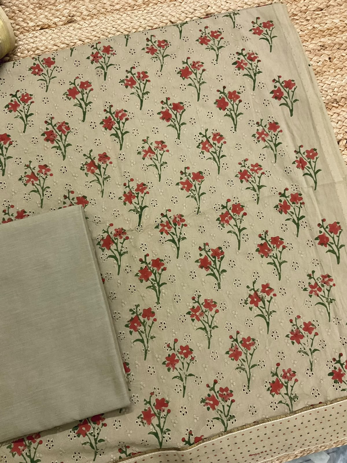 Pure Hakoba Cotton Printed Embroidered Suit - Beige