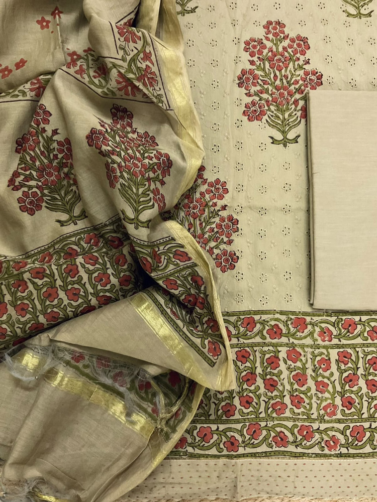 Image of Pure Hakoba Cotton Printed Embroidered Suit - Beige