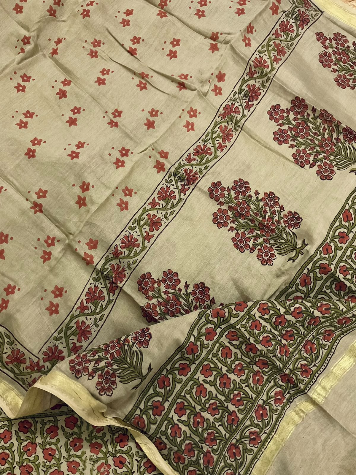Pure Hakoba Cotton Printed Embroidered Suit - Beige