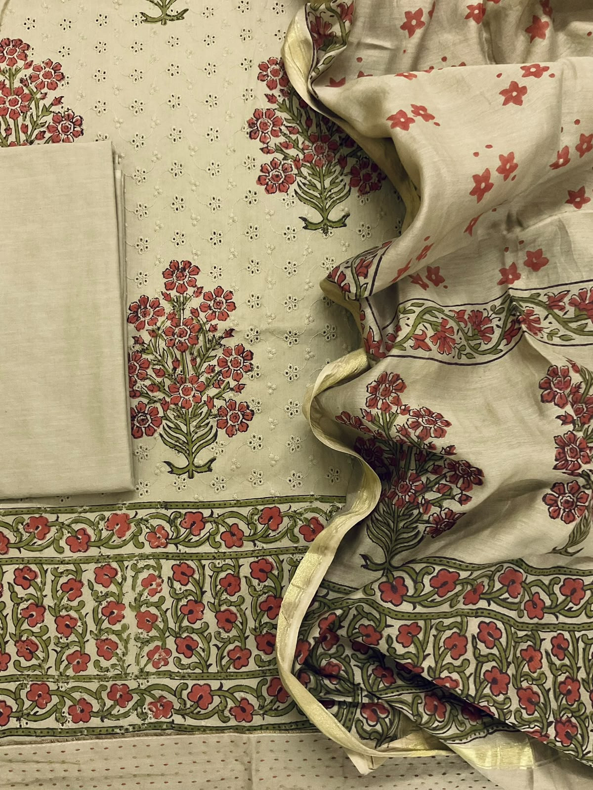 Pure Hakoba Cotton Printed Embroidered Suit - Beige
