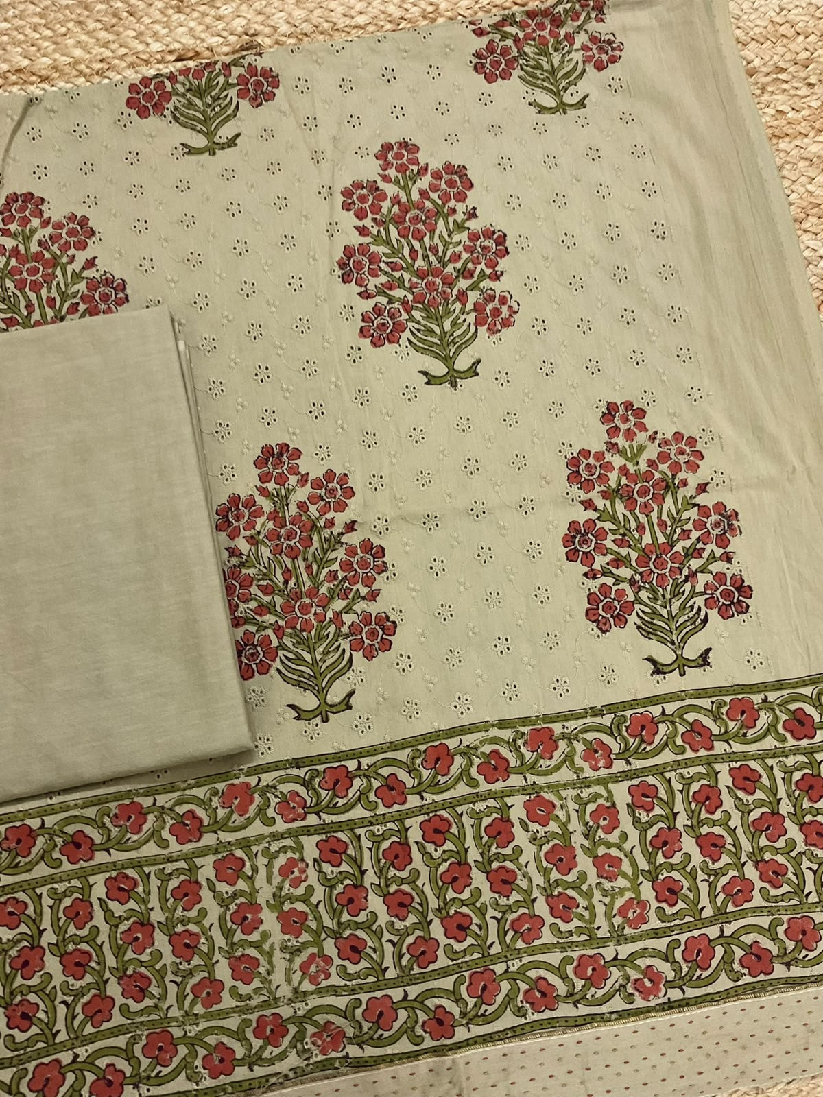 Pure Hakoba Cotton Printed Embroidered Suit - Beige