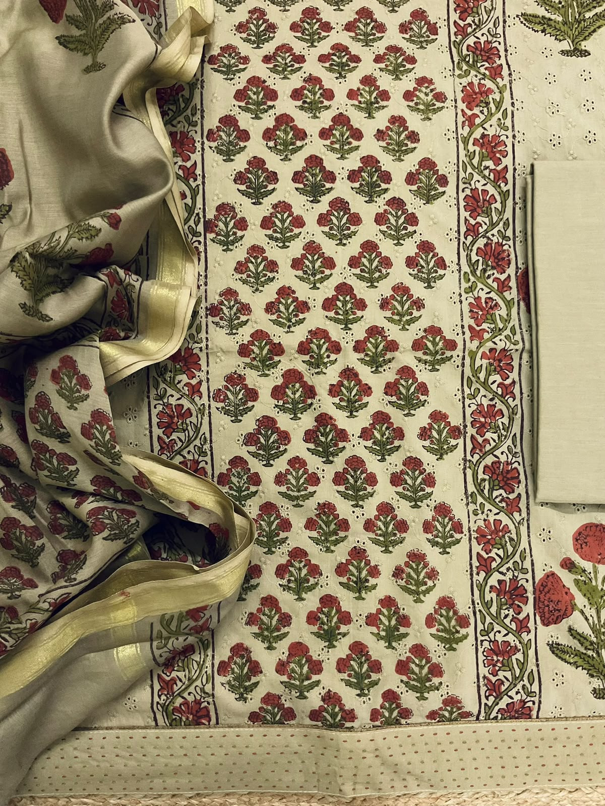 Pure Hakoba Cotton Printed Embroidered Suit - Beige
