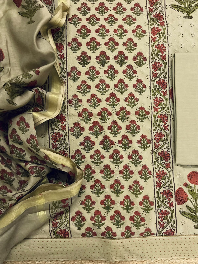 Image of Pure Hakoba Cotton Printed Embroidered Suit - Beige