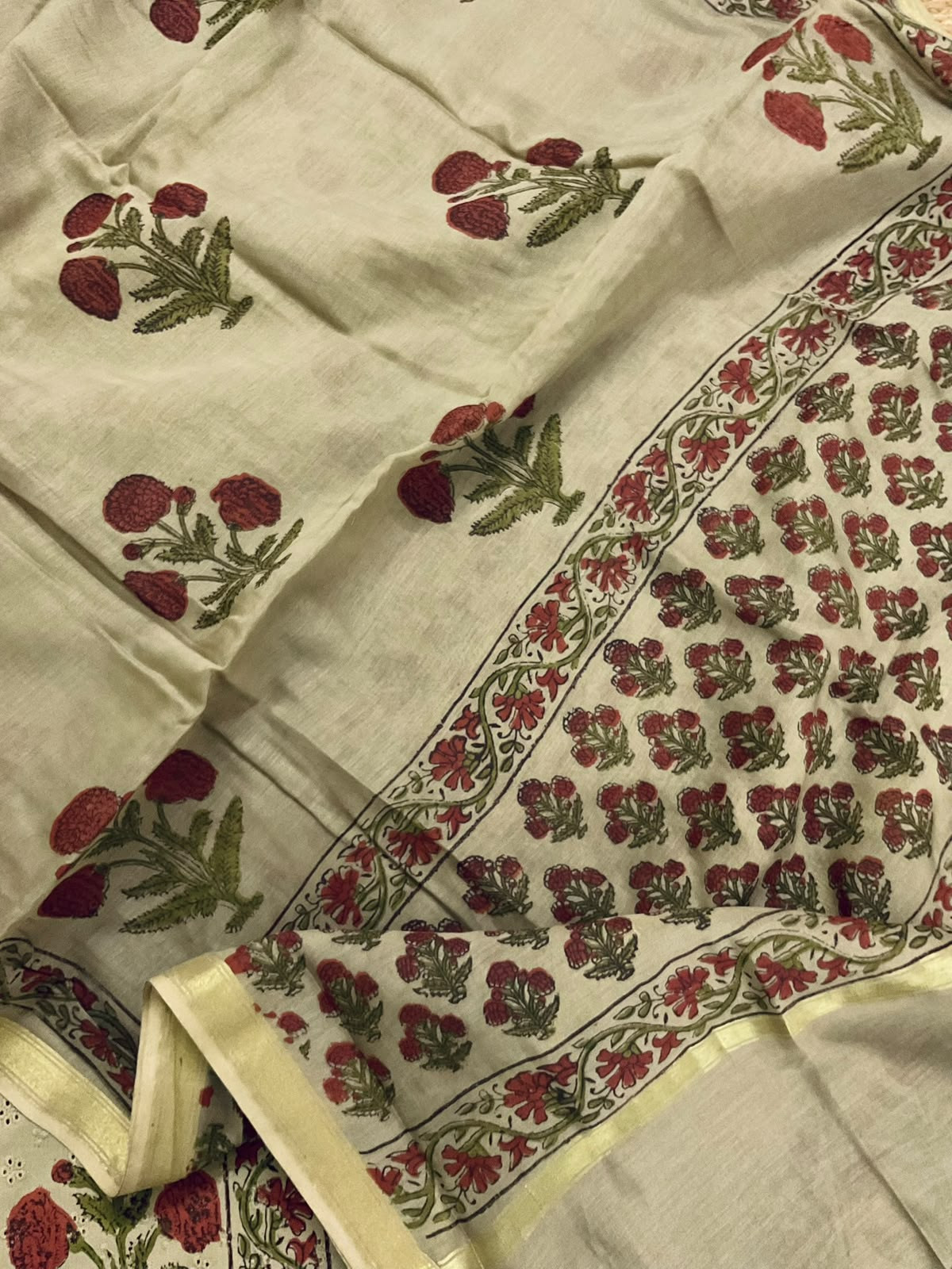 Pure Hakoba Cotton Printed Embroidered Suit - Beige