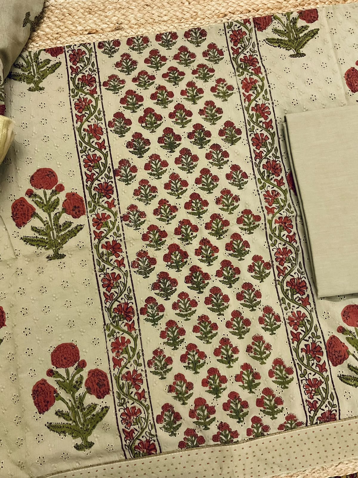 Pure Hakoba Cotton Printed Embroidered Suit - Beige