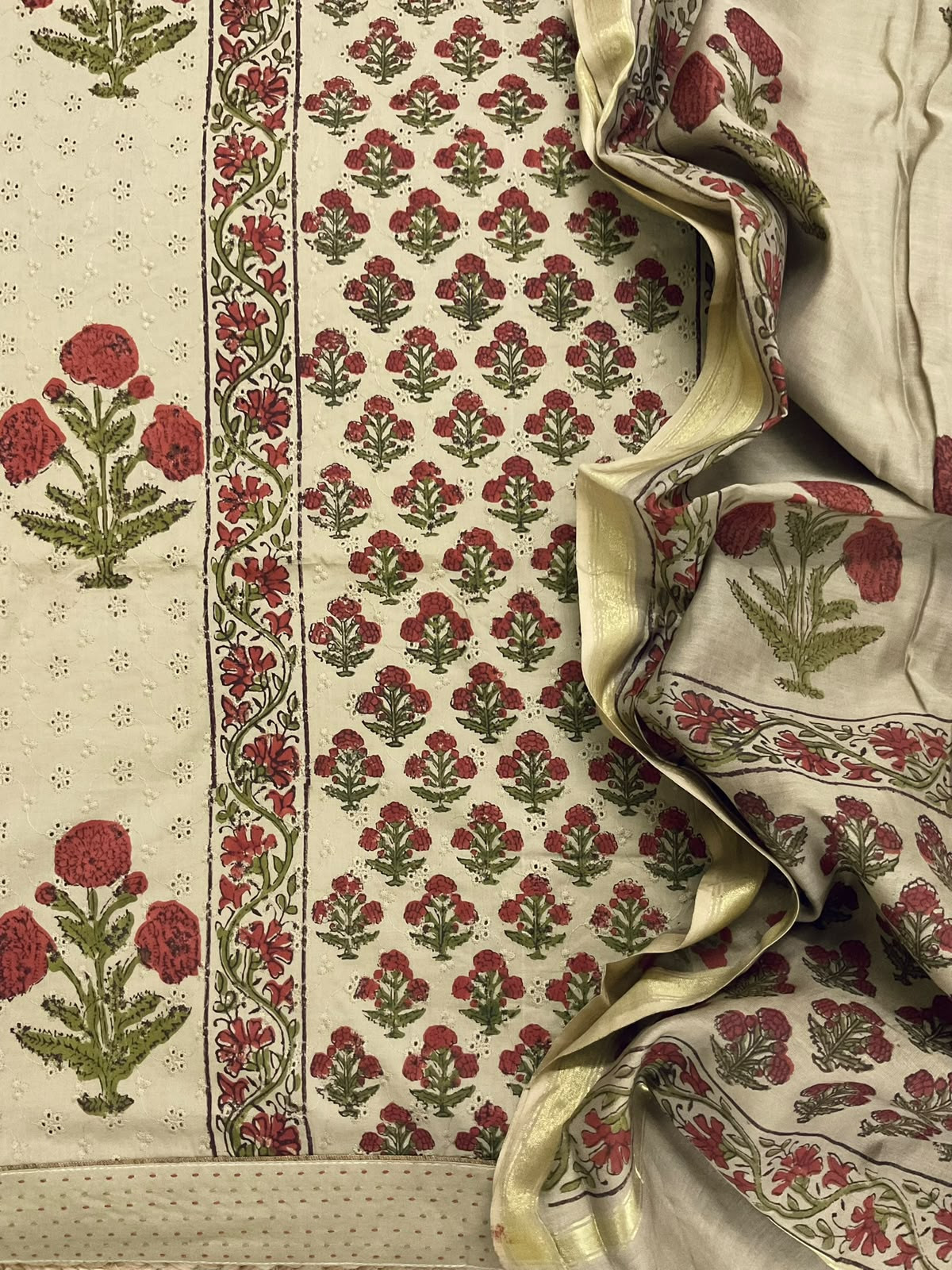 Pure Hakoba Cotton Printed Embroidered Suit - Beige