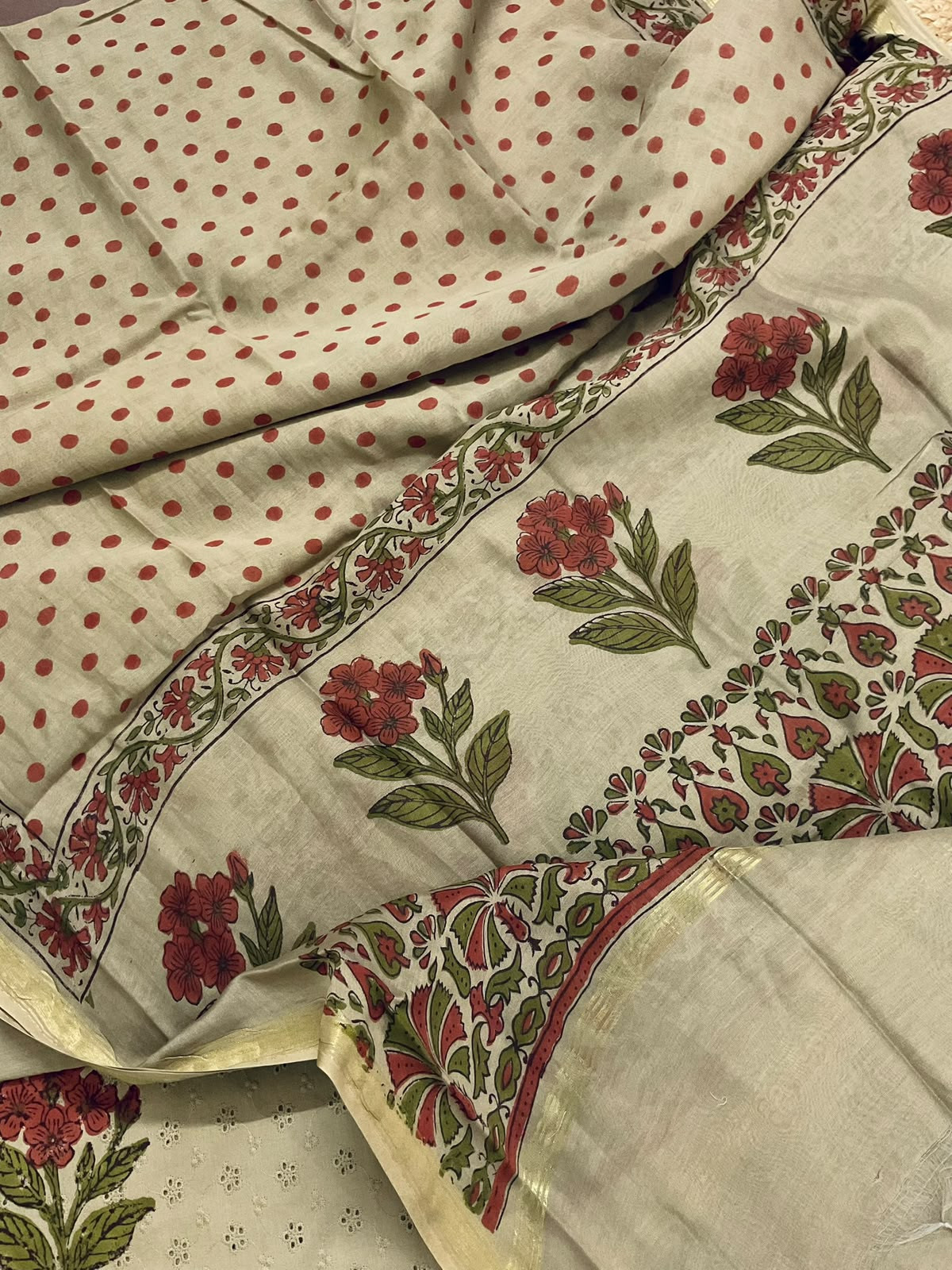 Pure Hakoba Cotton Printed Embroidered Suit - Beige