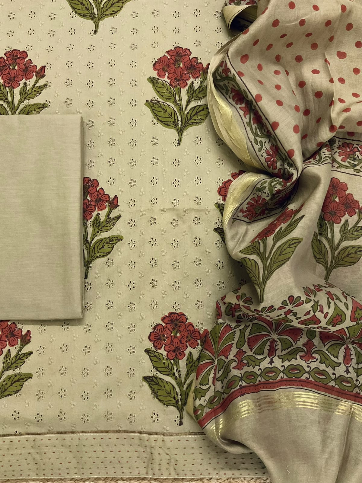 Pure Hakoba Cotton Printed Embroidered Suit - Beige