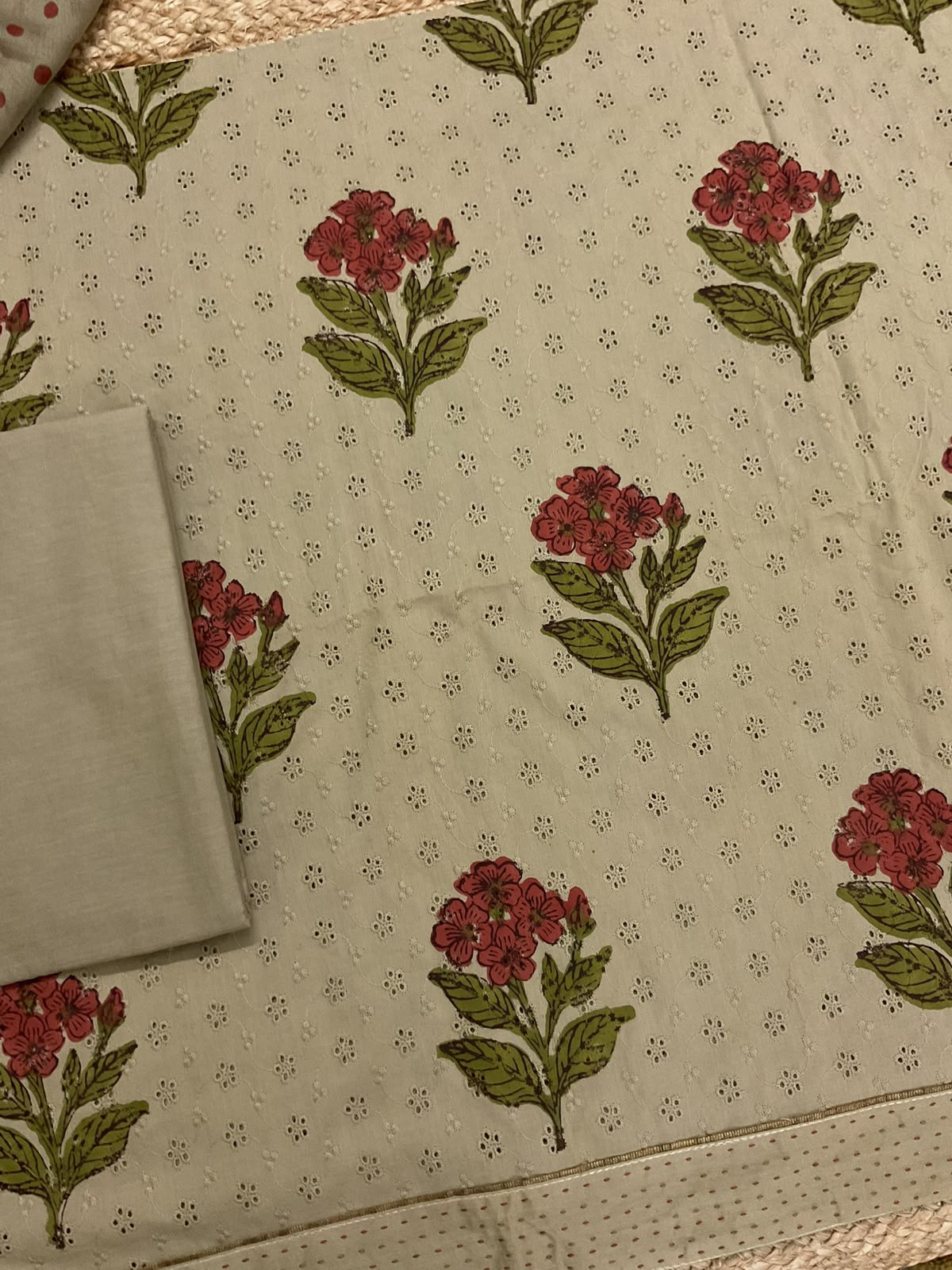 Pure Hakoba Cotton Printed Embroidered Suit - Beige
