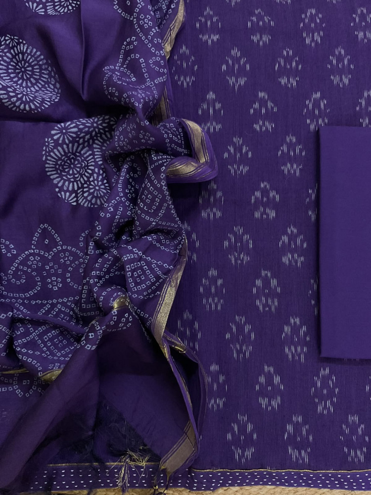 Image of Pure Fine Ikkat Cotton Self Weaved Printed Suit - Violet