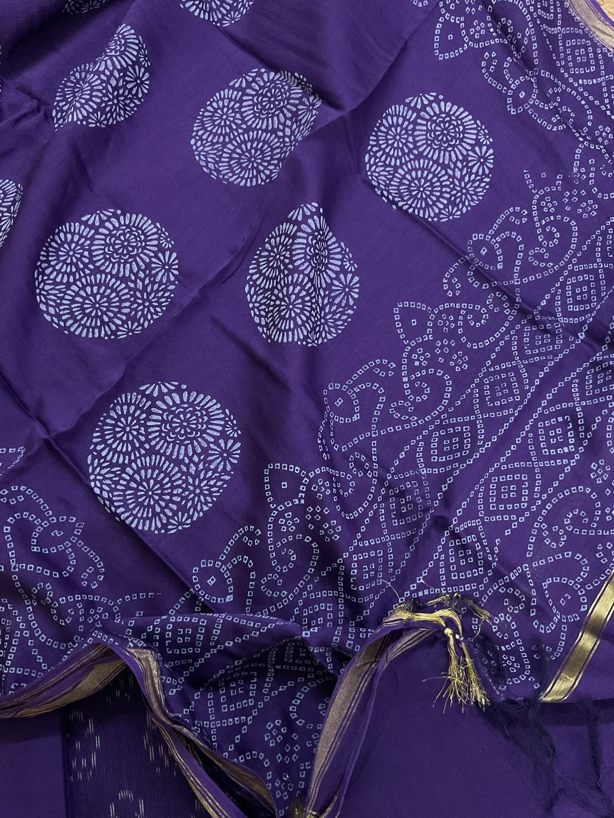 Pure Fine Ikkat Cotton Self Weaved Printed Suit - Violet