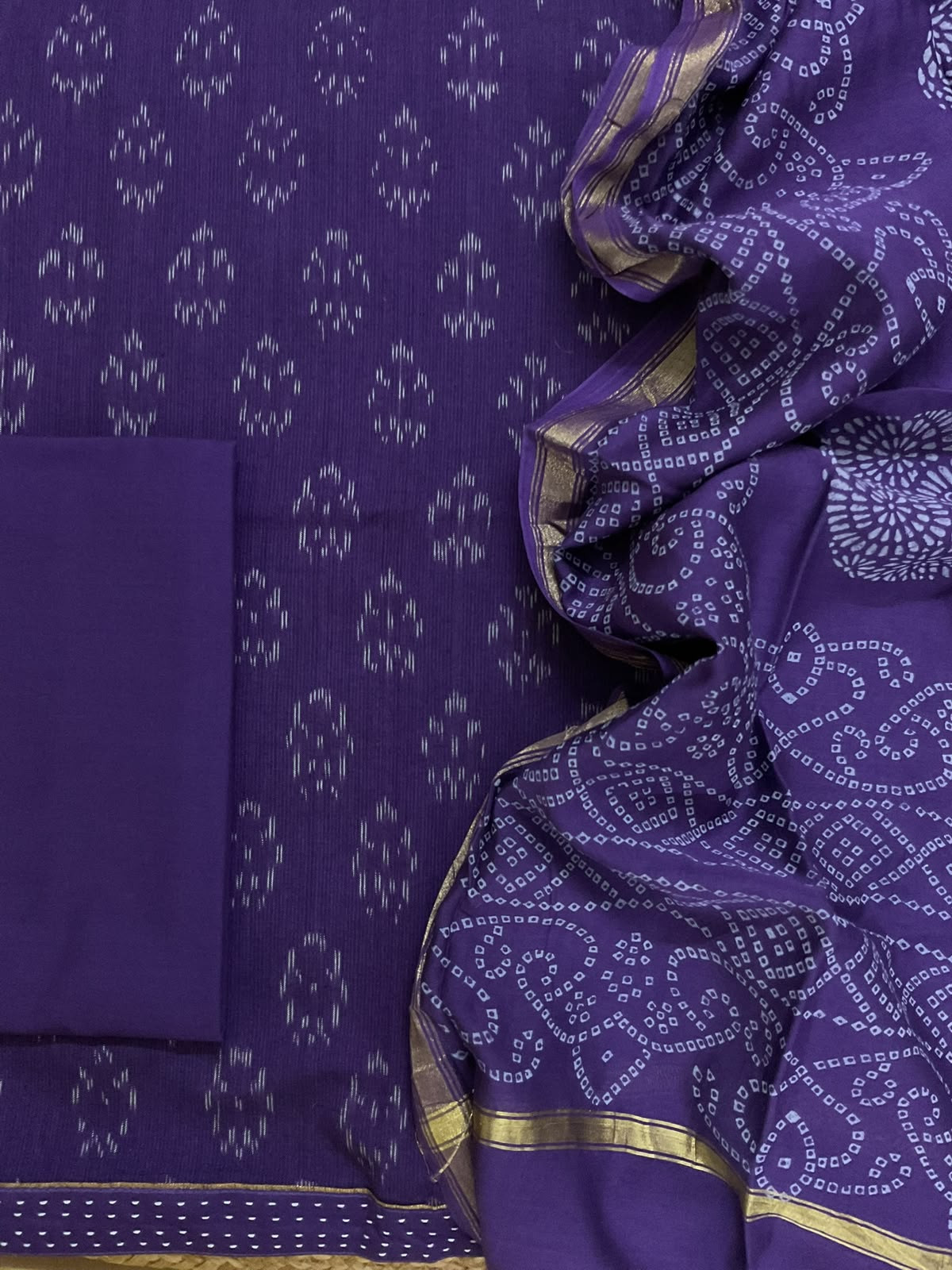 Pure Fine Ikkat Cotton Self Weaved Printed Suit - Violet