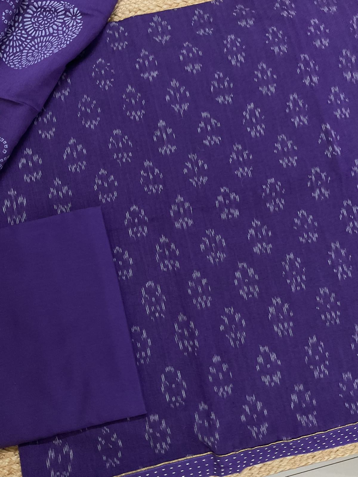Pure Fine Ikkat Cotton Self Weaved Printed Suit - Violet