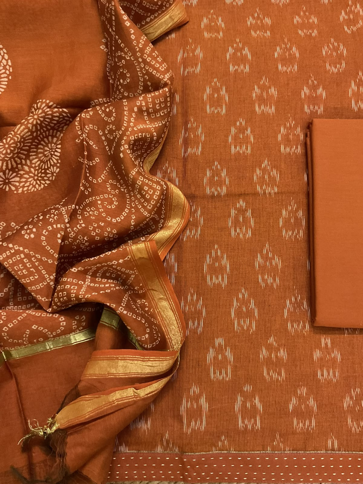 Pure Fine Ikkat Cotton Self Weaved Printed Suit - Rustic Orange