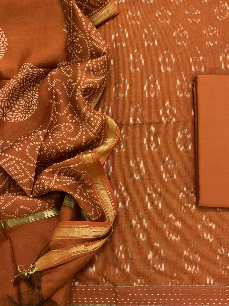 Image of Pure Fine Ikkat Cotton Self Weaved Printed Suit - Rustic Orange