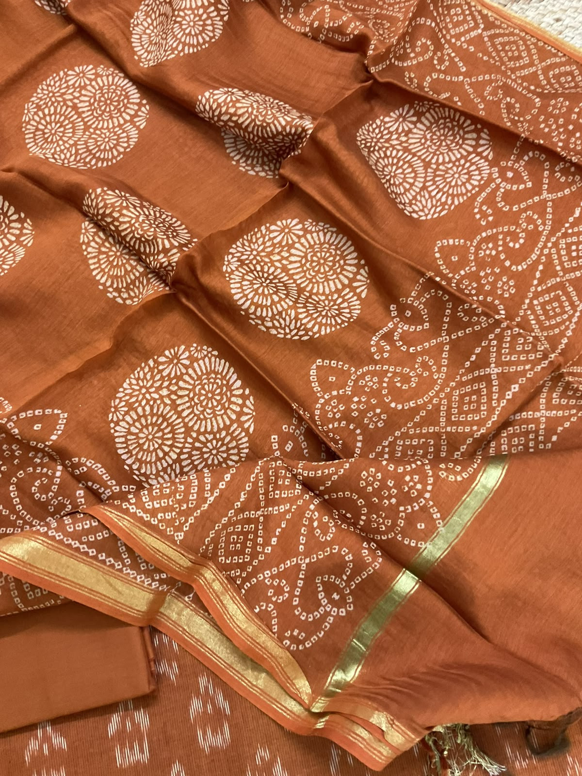 Pure Fine Ikkat Cotton Self Weaved Printed Suit - Rustic Orange
