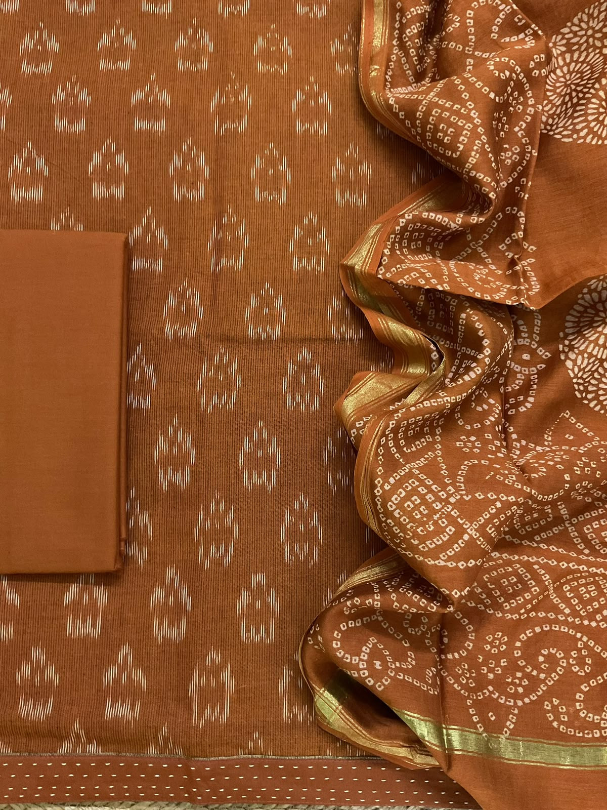 Pure Fine Ikkat Cotton Self Weaved Printed Suit - Rustic Orange