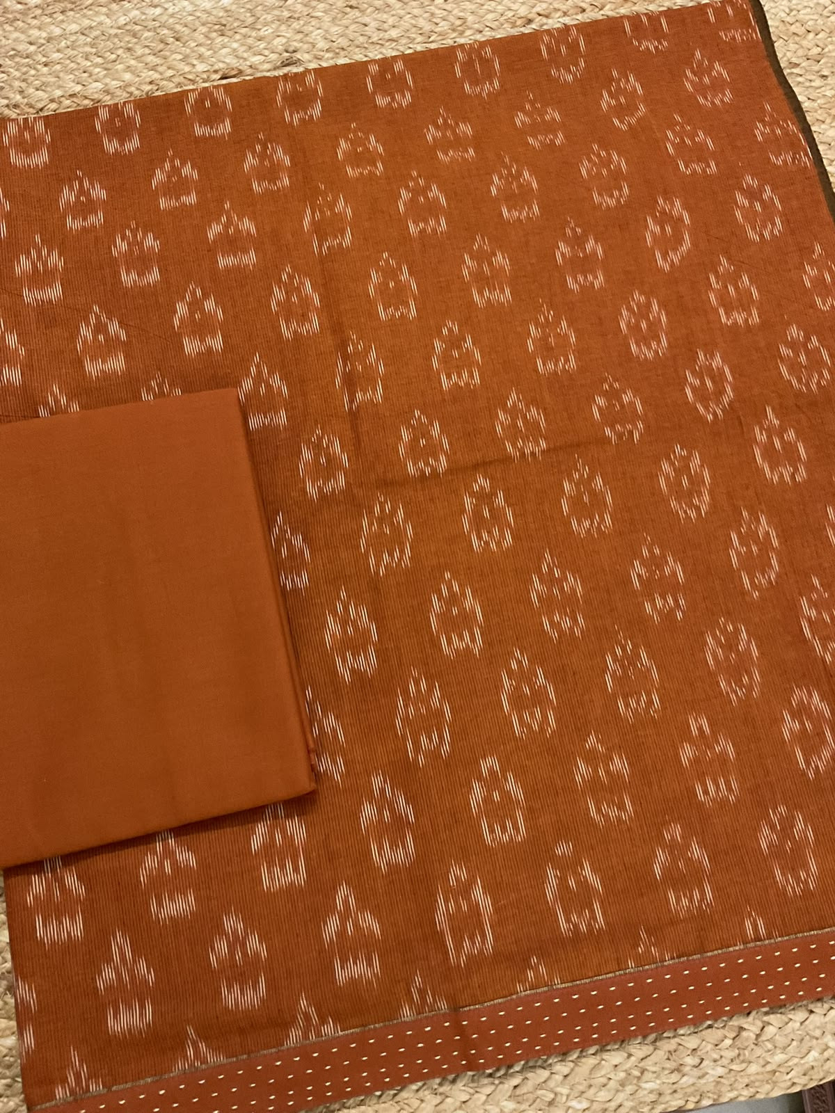 Pure Fine Ikkat Cotton Self Weaved Printed Suit - Rustic Orange