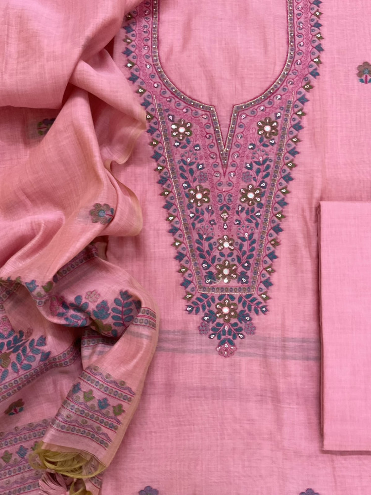 Image of Soft Kora Chanderi Jamdani Weaved Embroidered Suit - Pink