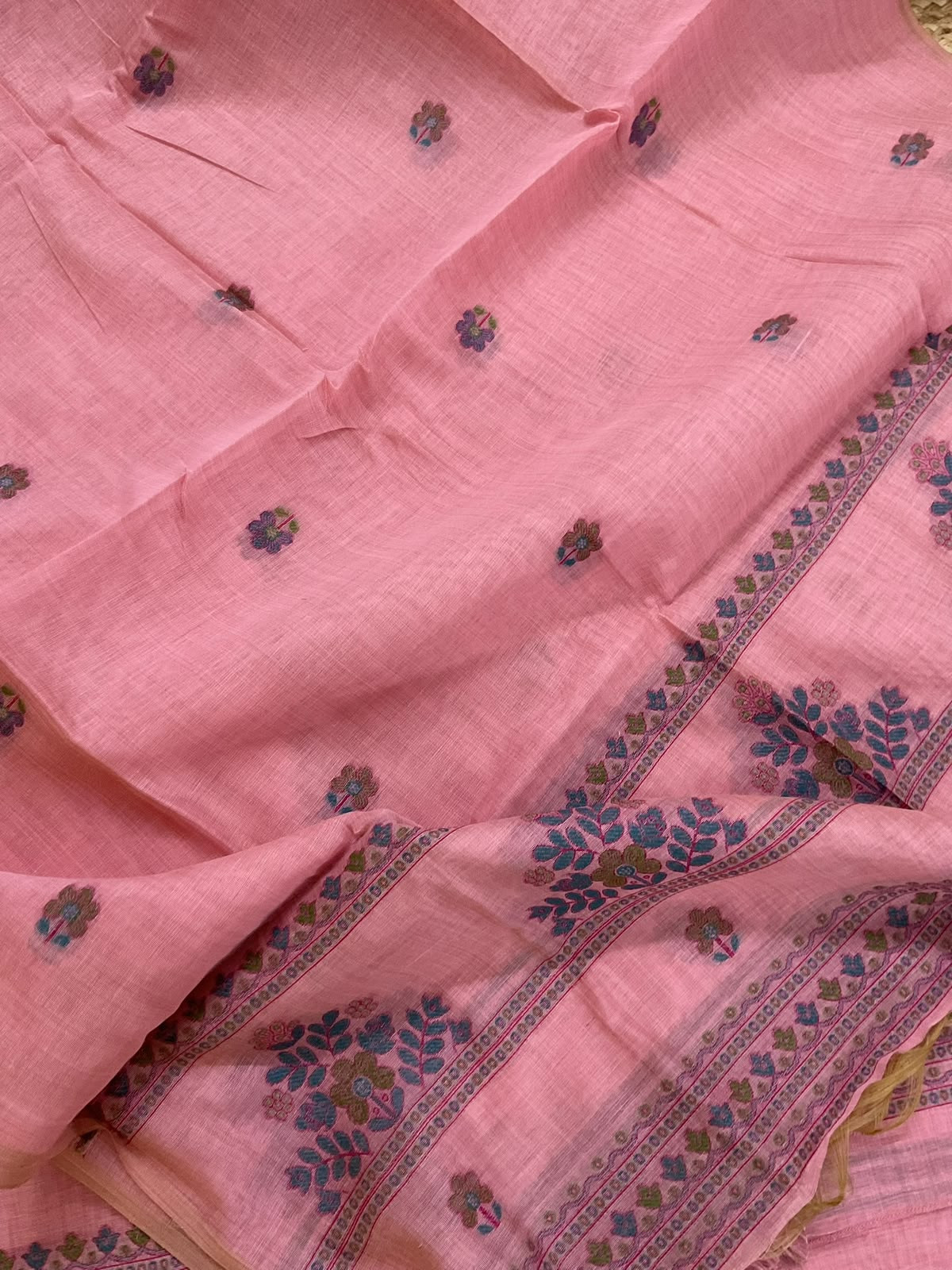 Soft Kora Chanderi Jamdani Weaved Embroidered Suit - Pink