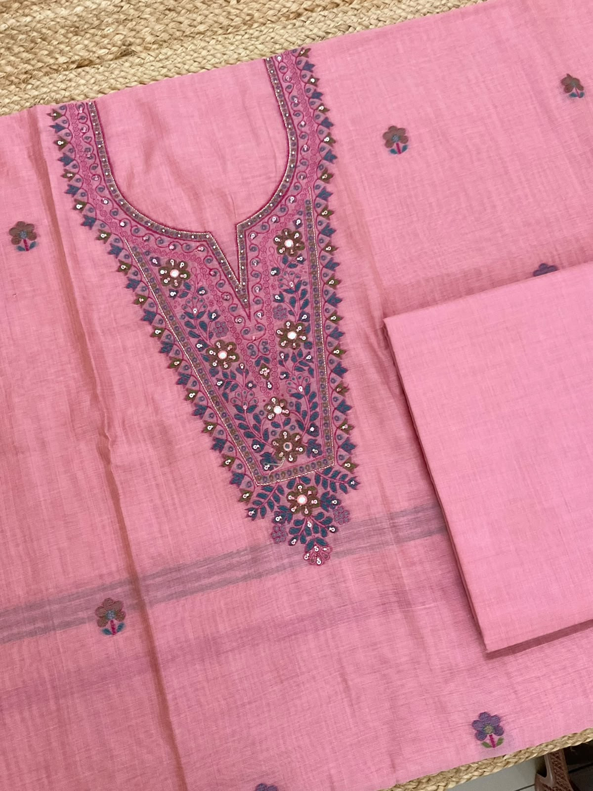 Soft Kora Chanderi Jamdani Weaved Embroidered Suit - Pink