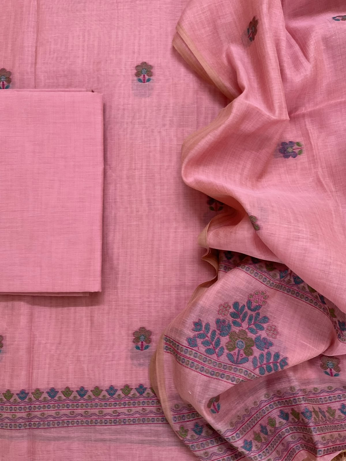 Soft Kora Chanderi Jamdani Weaved Embroidered Suit - Pink