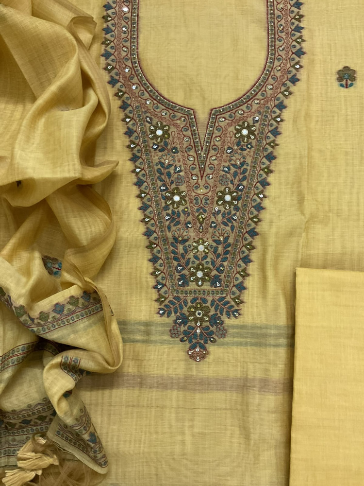 Image of Soft Kora Chanderi Jamdani Weaved Embroidered Suit - Yellow
