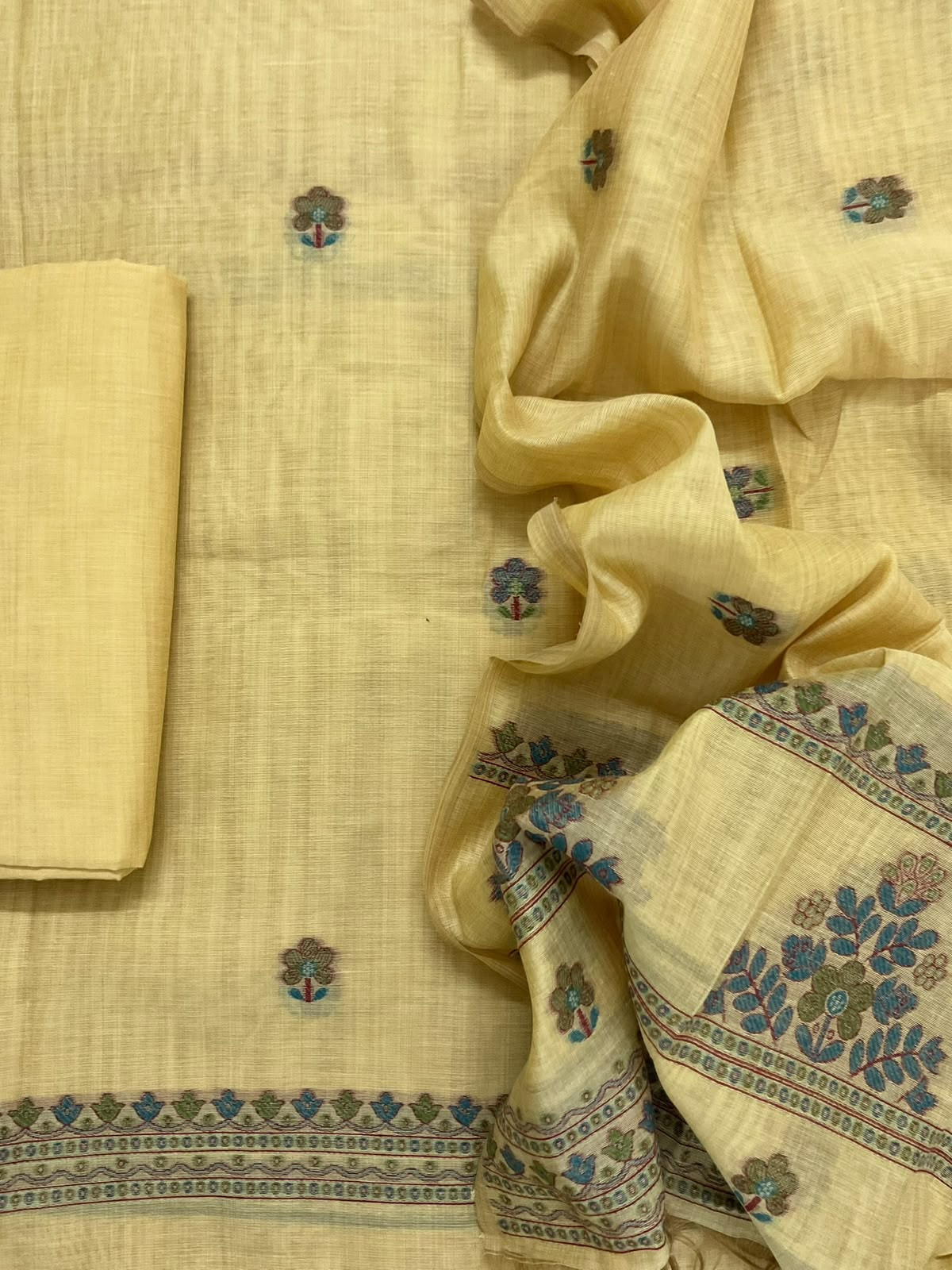 Soft Kora Chanderi Jamdani Weaved Embroidered Suit - Yellow