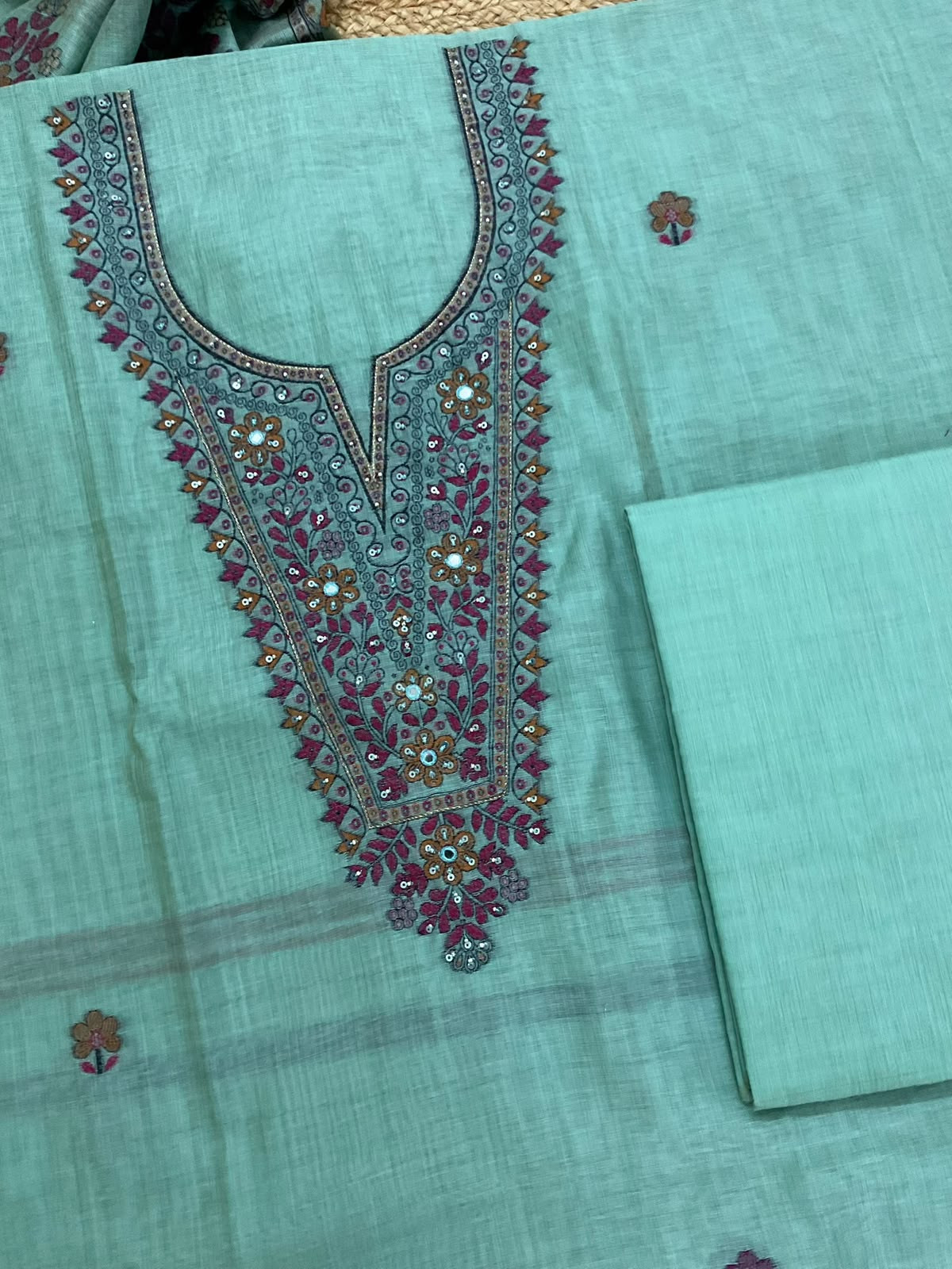 Soft Kora Chanderi Jamdani Weaved Embroidered Suit - Blue